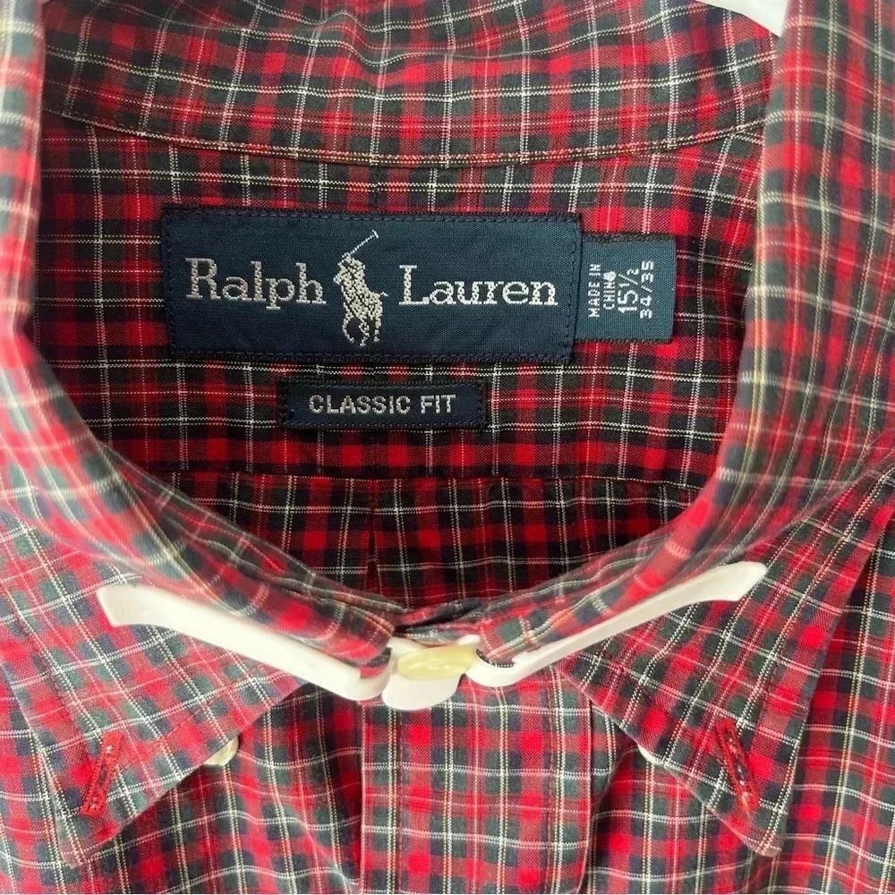 POLO RALPH LAUREN mens plaid long sleeve button up shirt black/red size XL 15.5 - Picture 3 of 4